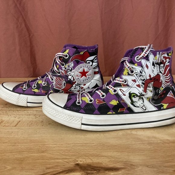 2012 Purple Diamond Print Harley Quinn Joker DC Converse with printed laces - Picture 4 of 12